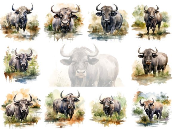 Download Water Buffalo Watercolor Clipart Set - Buffalo Collection