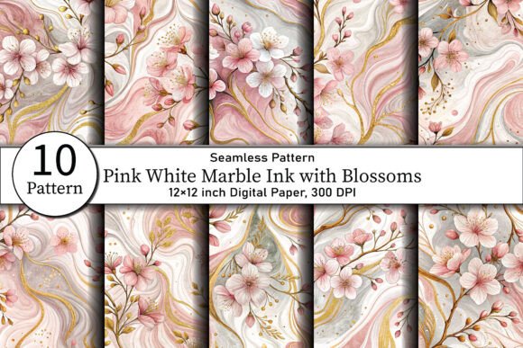 Download Pink White Marble Ink with Blossoms - Pink Collection